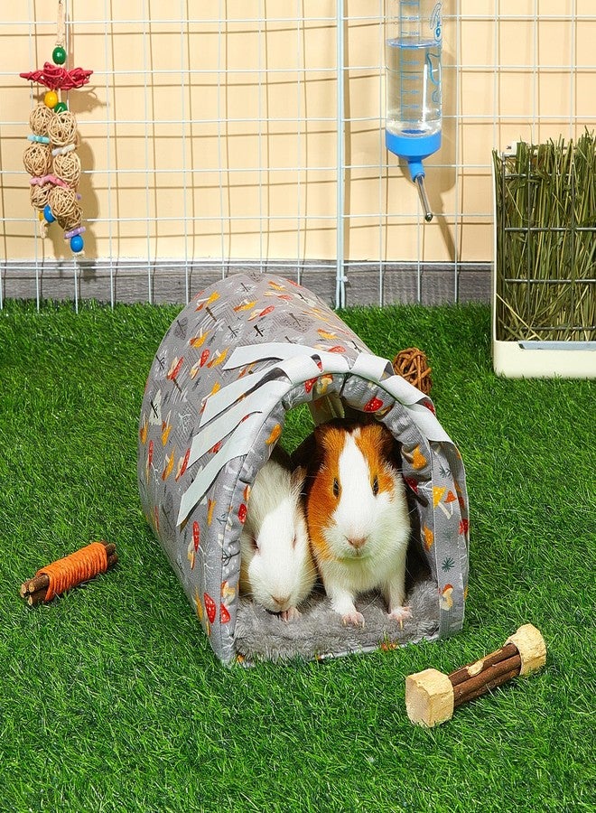Glittme Guinea Pig Hideout with Curtain and Tunnel - Soft Bed with Cushion - Suitable for Guinea Pig, Hamster, Chinchilla, Bunny - Grey Mushrooms - Image 2